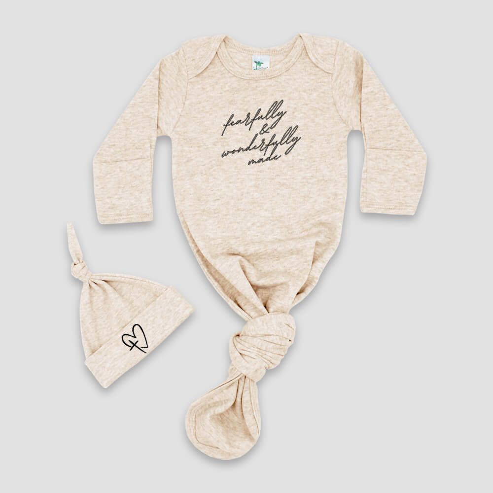 "FEARFULLY AND WONDERFULLY MADE" KNOTTED BABY GOWN AND HAT SET