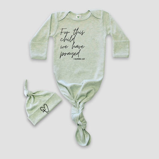 "FOR THIS CHILD WE HAVE PRAYED" KNOTTED BABY GOWN AND HAT SET