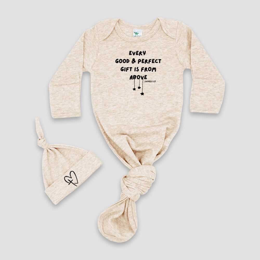 "EVERY GOOD & PERFECT GIFT IS FROM ABOVE" KNOTTED BABY GOWN AND HAT SET
