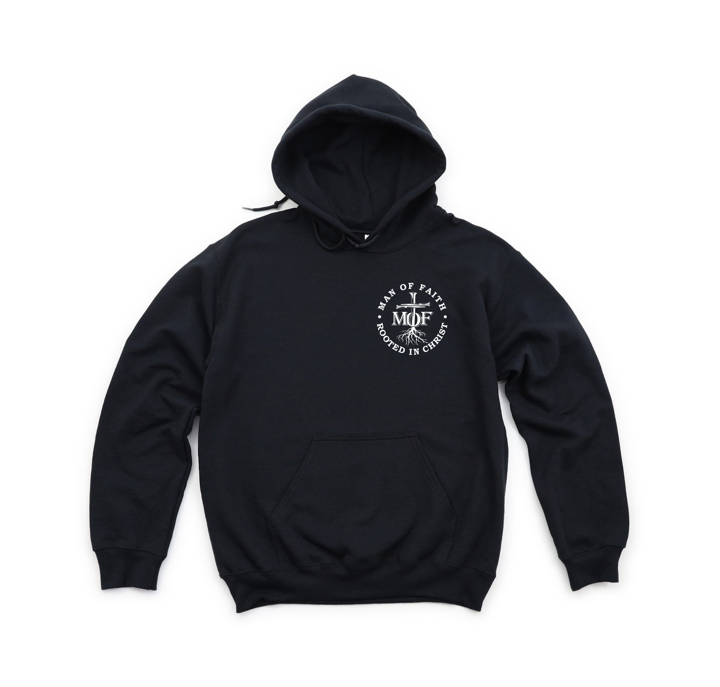 MAN OF FAITH ROOTED IN CHRIST UNISEX BLACK HOODIE