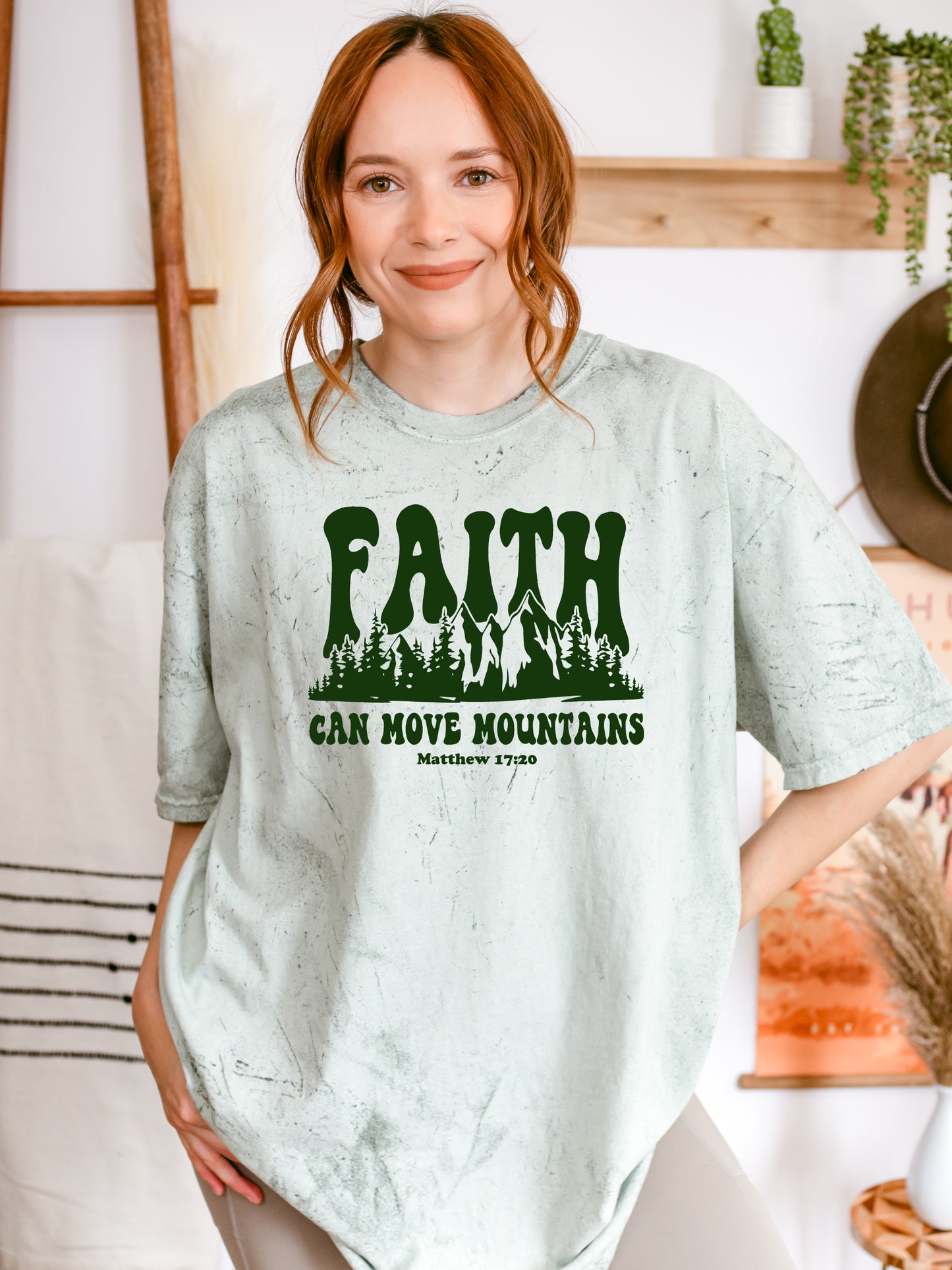 FAITH CAN MOVE MOUNTAINS UNISEX TEE IN FERN
