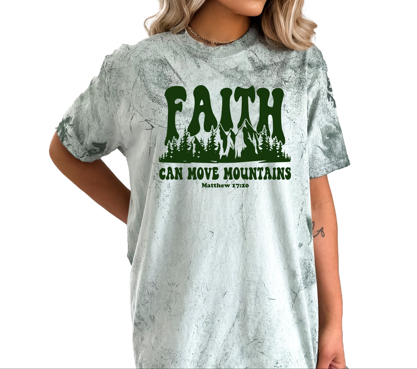 FAITH CAN MOVE MOUNTAINS UNISEX TEE IN FERN