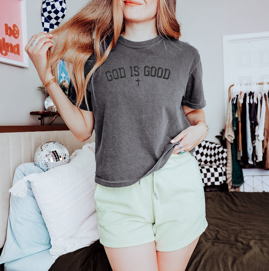 PUFFY GOD IS GOOD WITH A CROSS WOMEN'S BOXY TEE
