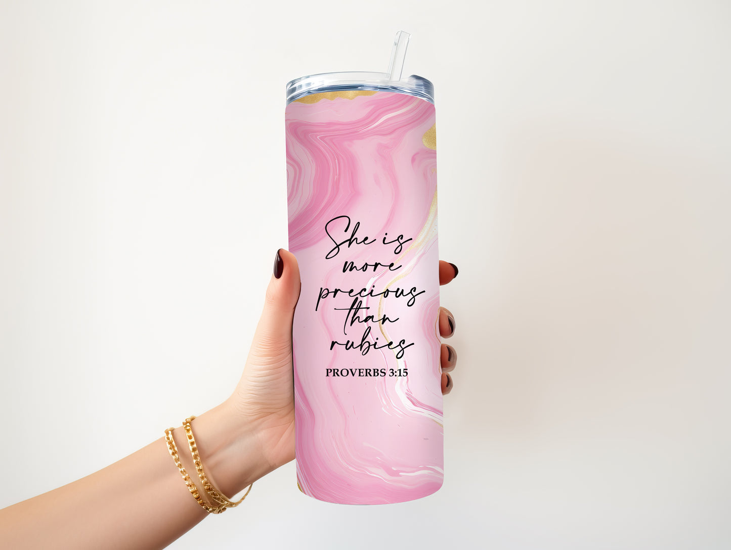 SHE IS MORE PRECIOUS THAN RUBIES 20 OZ. SKINNY STAINLESS STEEL TUMBLER