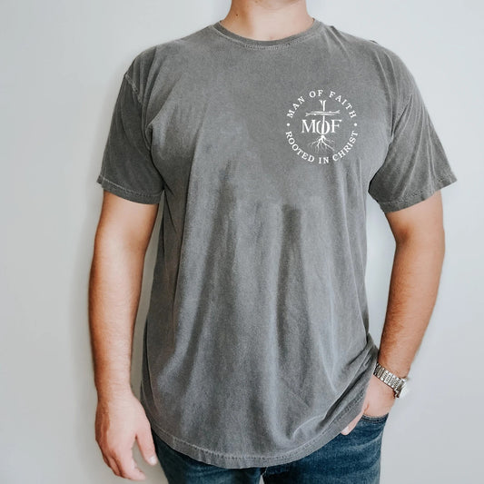 MAN OF FAITH ROOTED IN CHRIST UNISEX PEPPER TEE