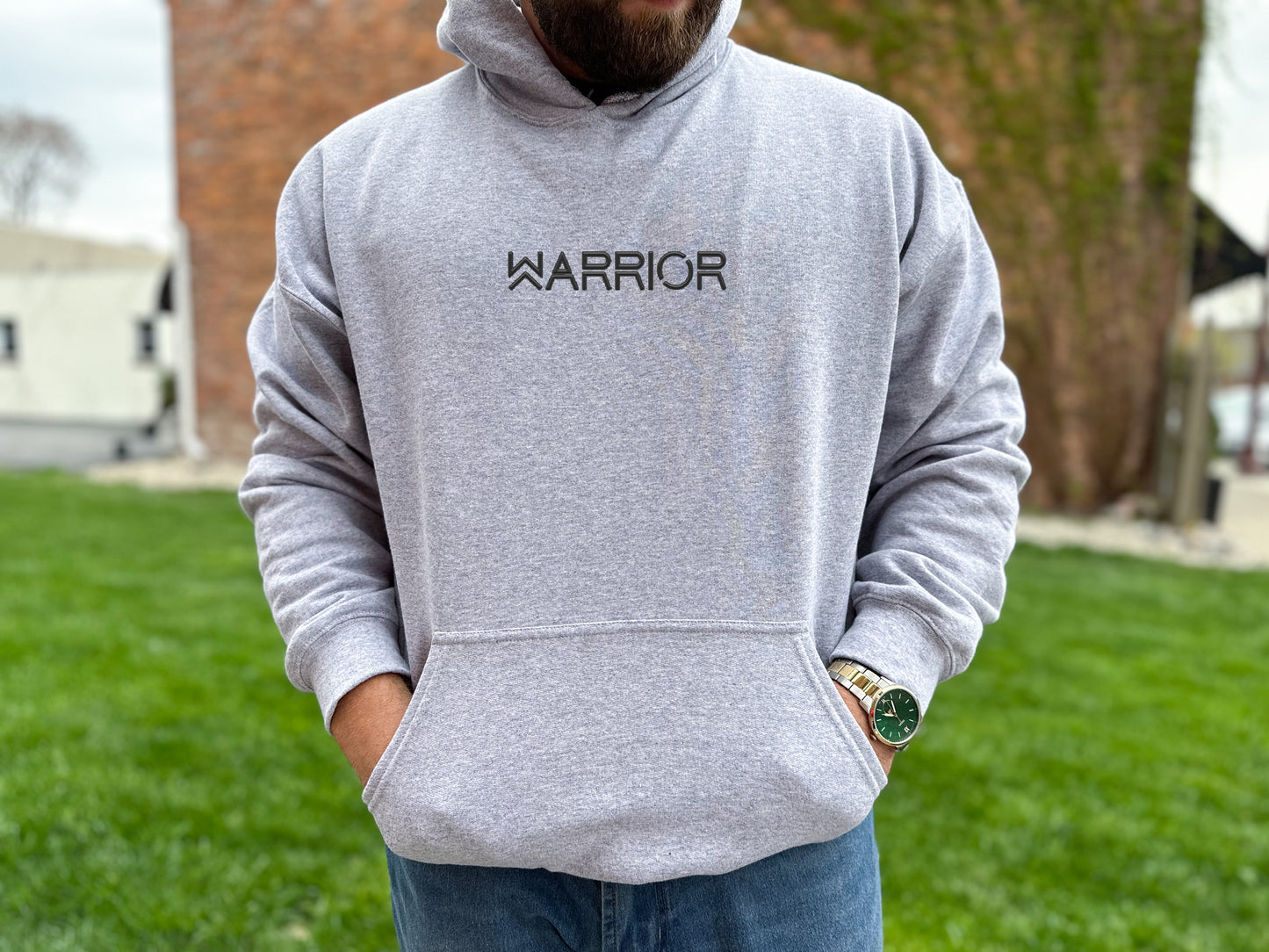 WARRIOR UNISEX HEATHER GREY HOODIE (PUFFED DESIGN)
