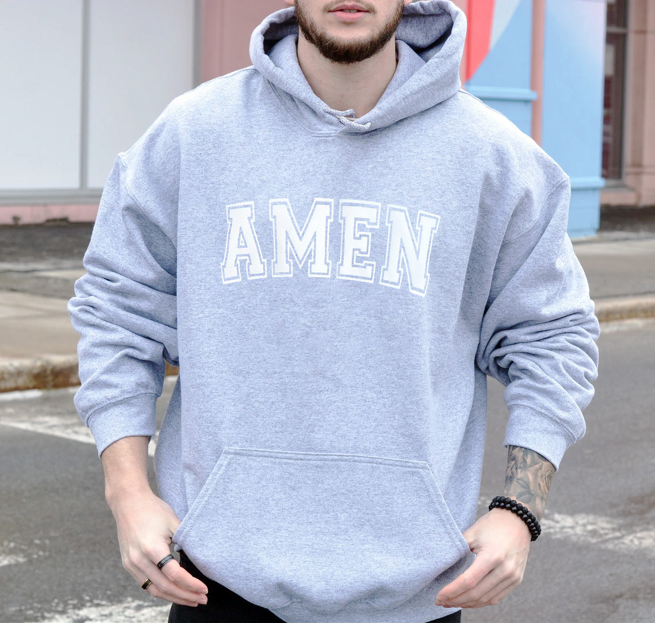 AMEN UNISEX HEATHER GREY HOODIE (WHITE PUFFED DESIGN)