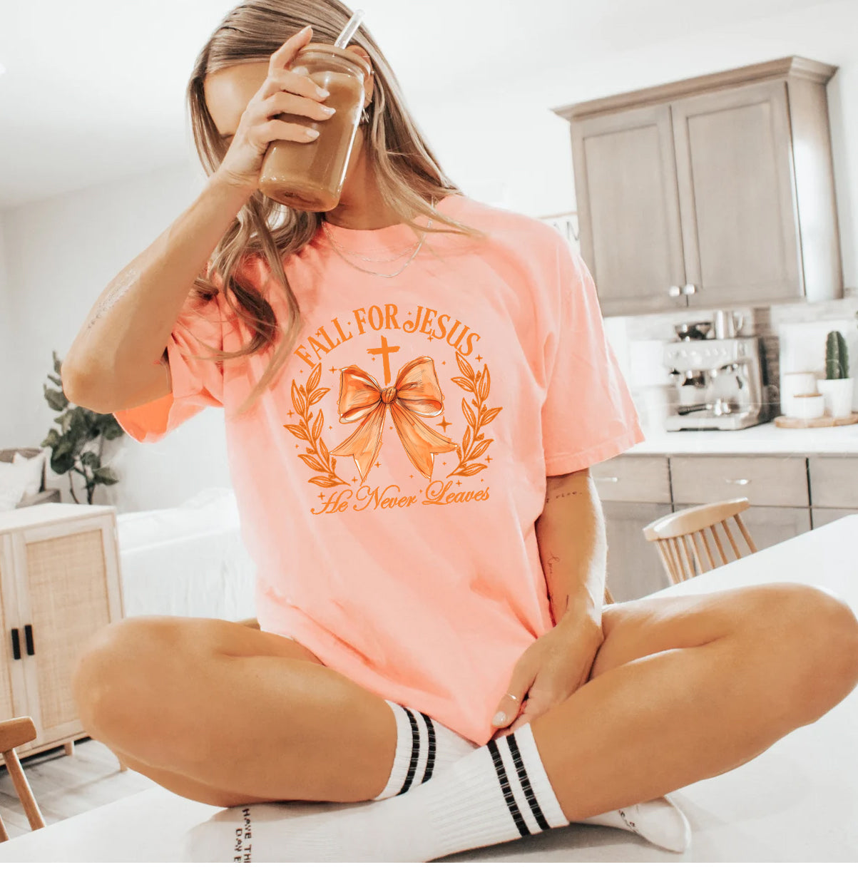 FALL FOR JESUS, HE NEVER LEAVES UNISEX TEE