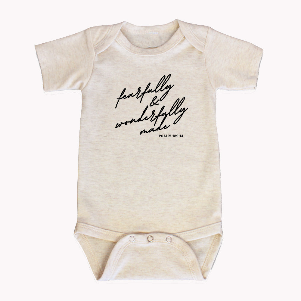 "FEARFULLY AND WONDERFULLY MADE" BODYSUIT IN OATMEAL