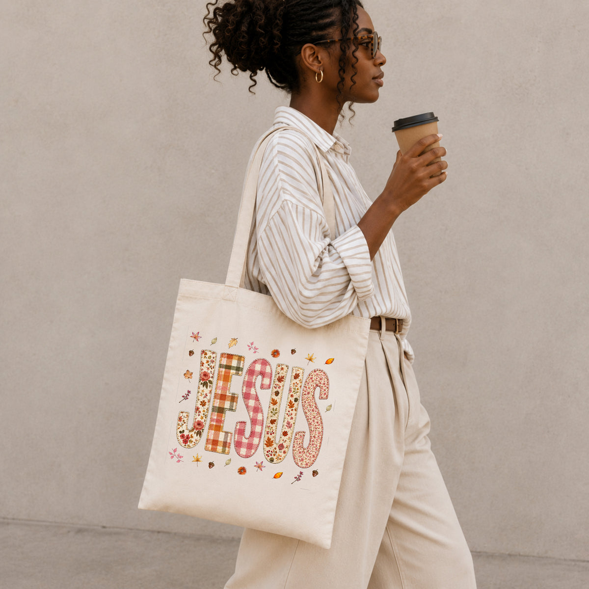 FALL FAUX PATCHWORK JESUS TOTE BAG