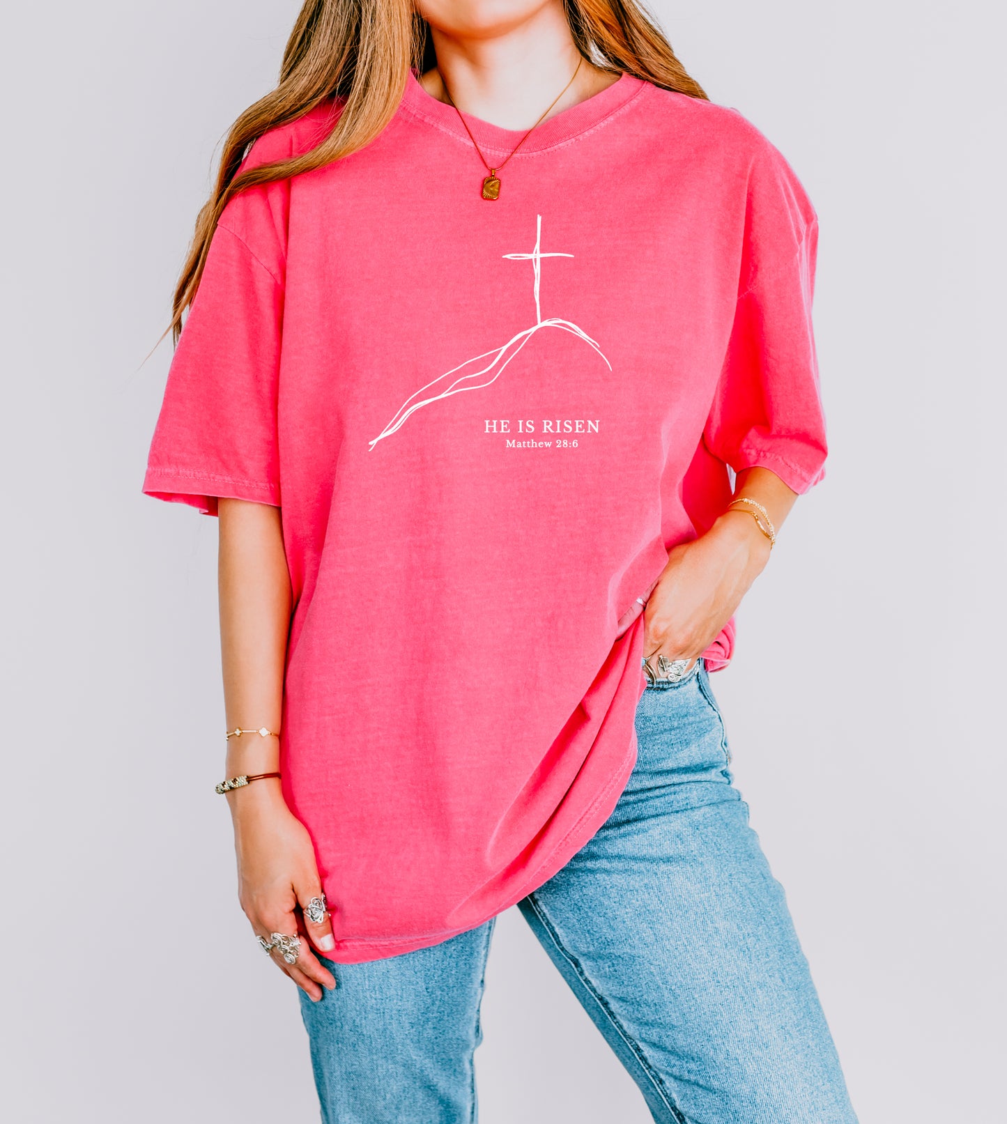 HE IS RISEN MINIMALIST UNISEX TEE - SIZE 3XL IN CRUNCHBERRY