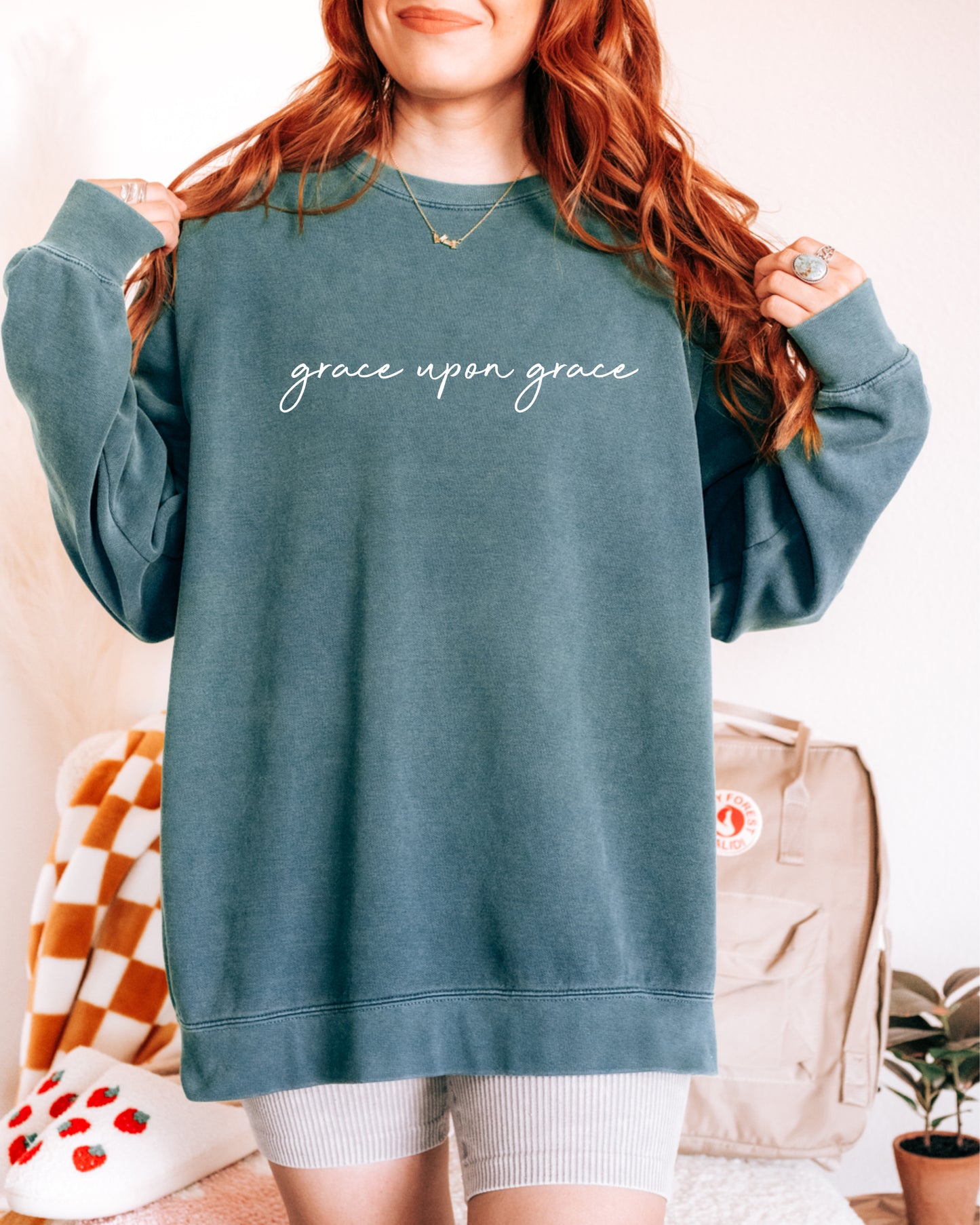 GRACE UPON GRACE UNISEX SWEATSHIRT - SIZE MEDIUM IN BLUE SPRUCE