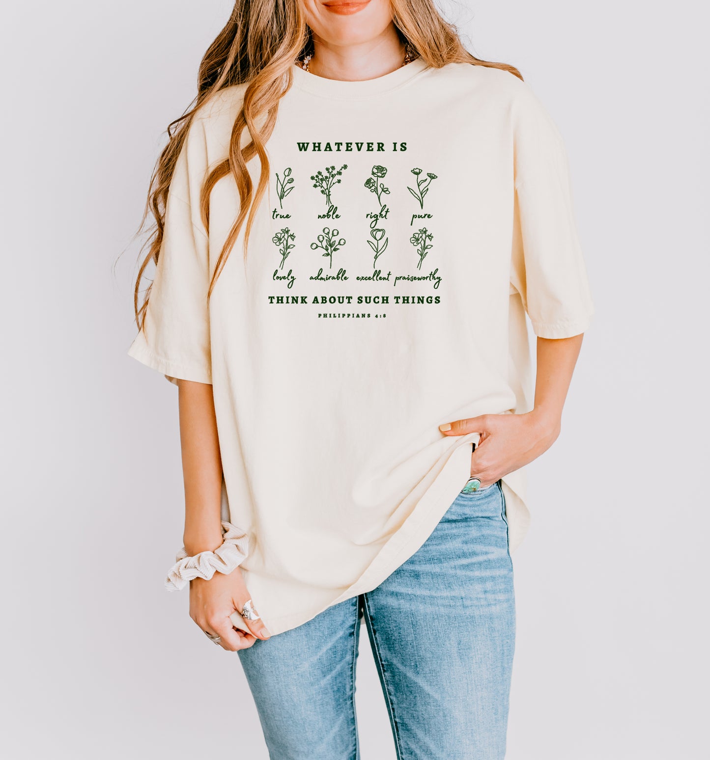 PHILIPPIANS 4:8 WHATEVER IS...THINK ABOUT SUCH THINGS UNISEX TEE (PRINT IN DARK GREEN ON IVORY TEE))
