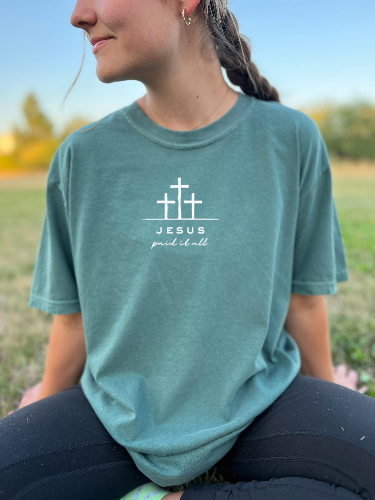 JESUS PAID IT ALL UNISEX TEE - SIZE LARGE IN BLUE SPRUCE