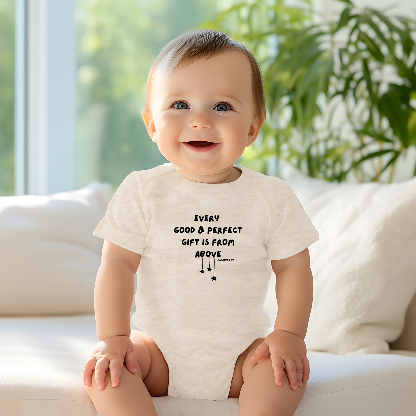 "EVERY GOOD & PERFECT GIFT IS FROM ABOVE" BODYSUIT IN OATMEAL