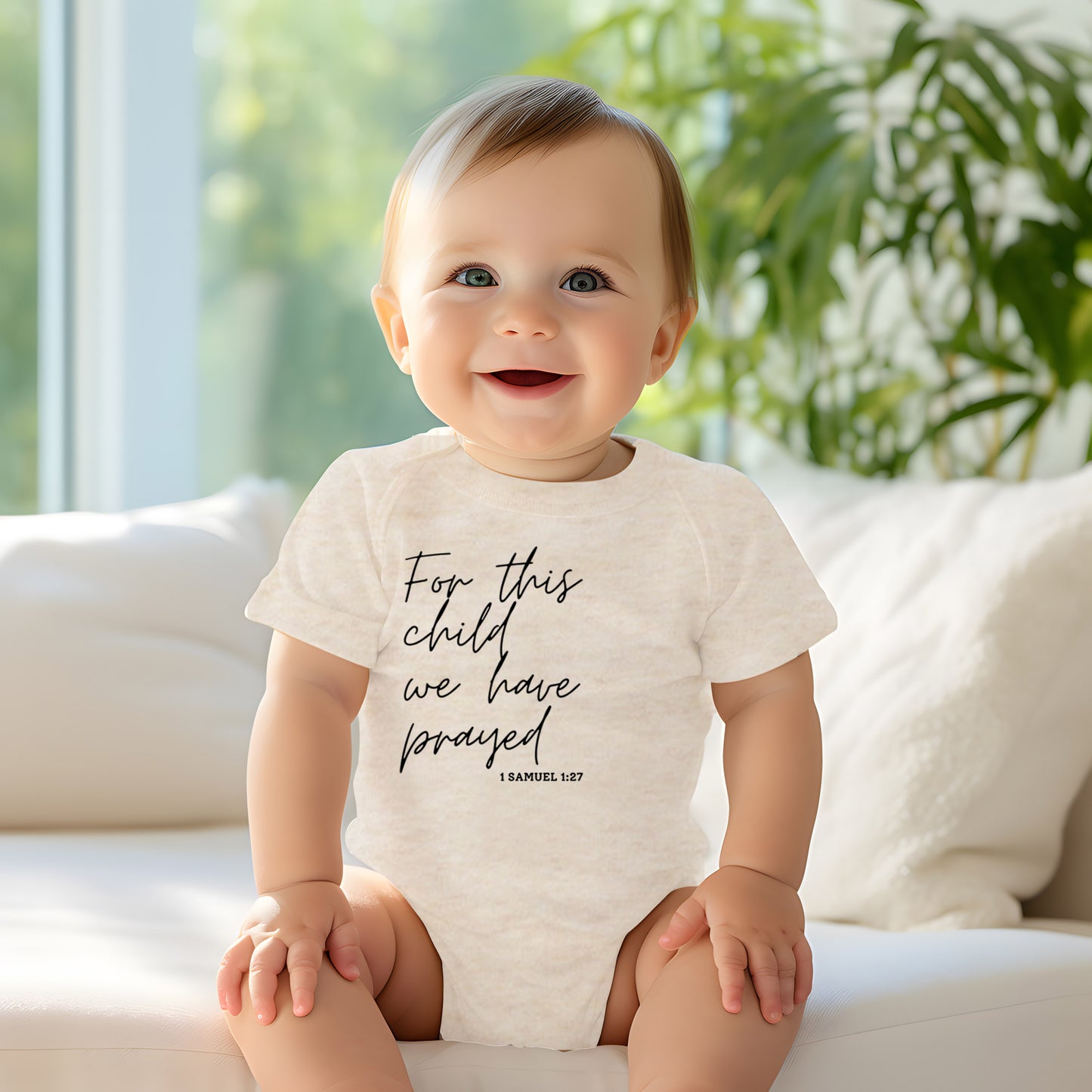 "FOR THIS CHILD WE HAVE PRAYED" BODYSUIT IN OATMEAL