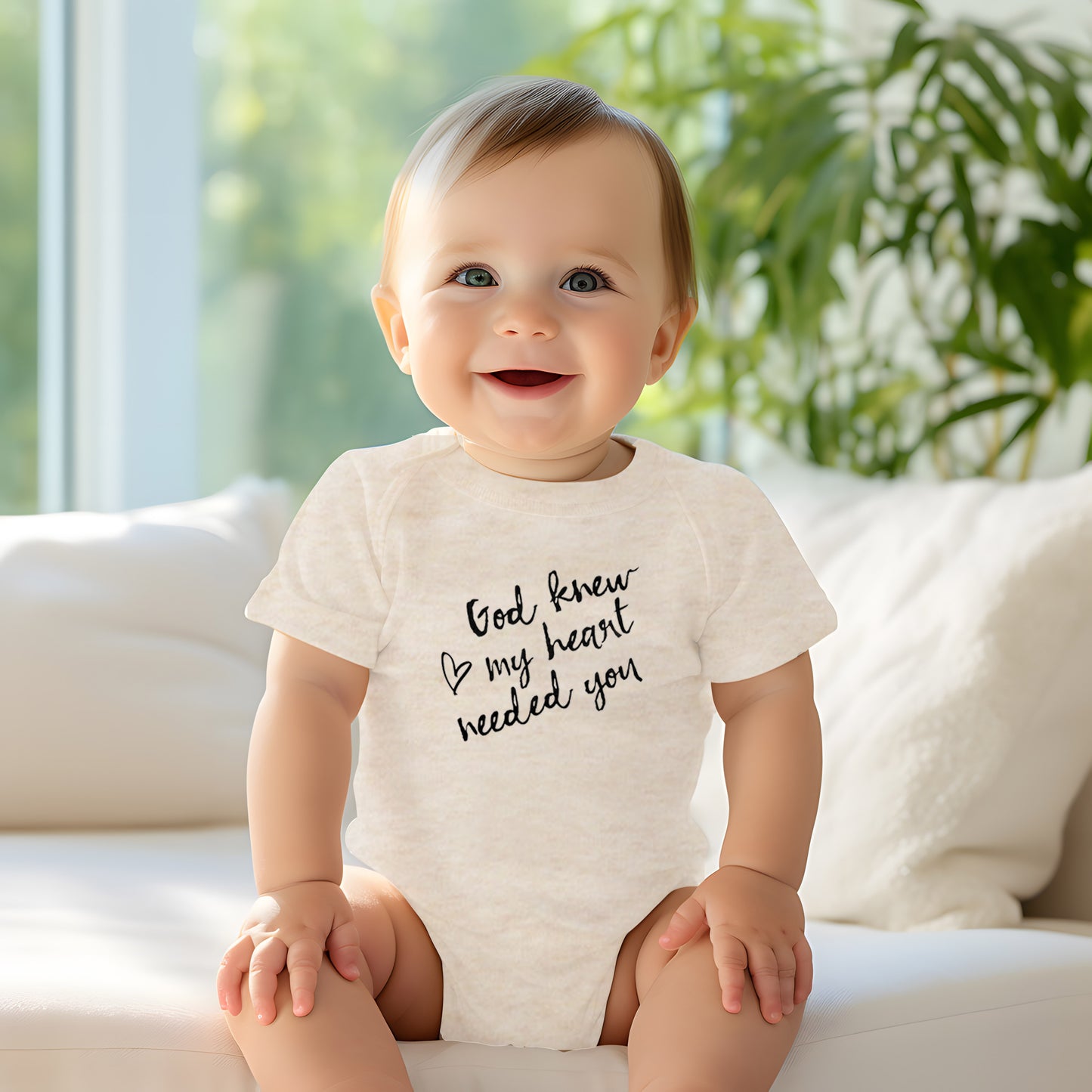 "GOD KNEW MY HEART NEEDED YOU" BODYSUIT IN OATMEAL