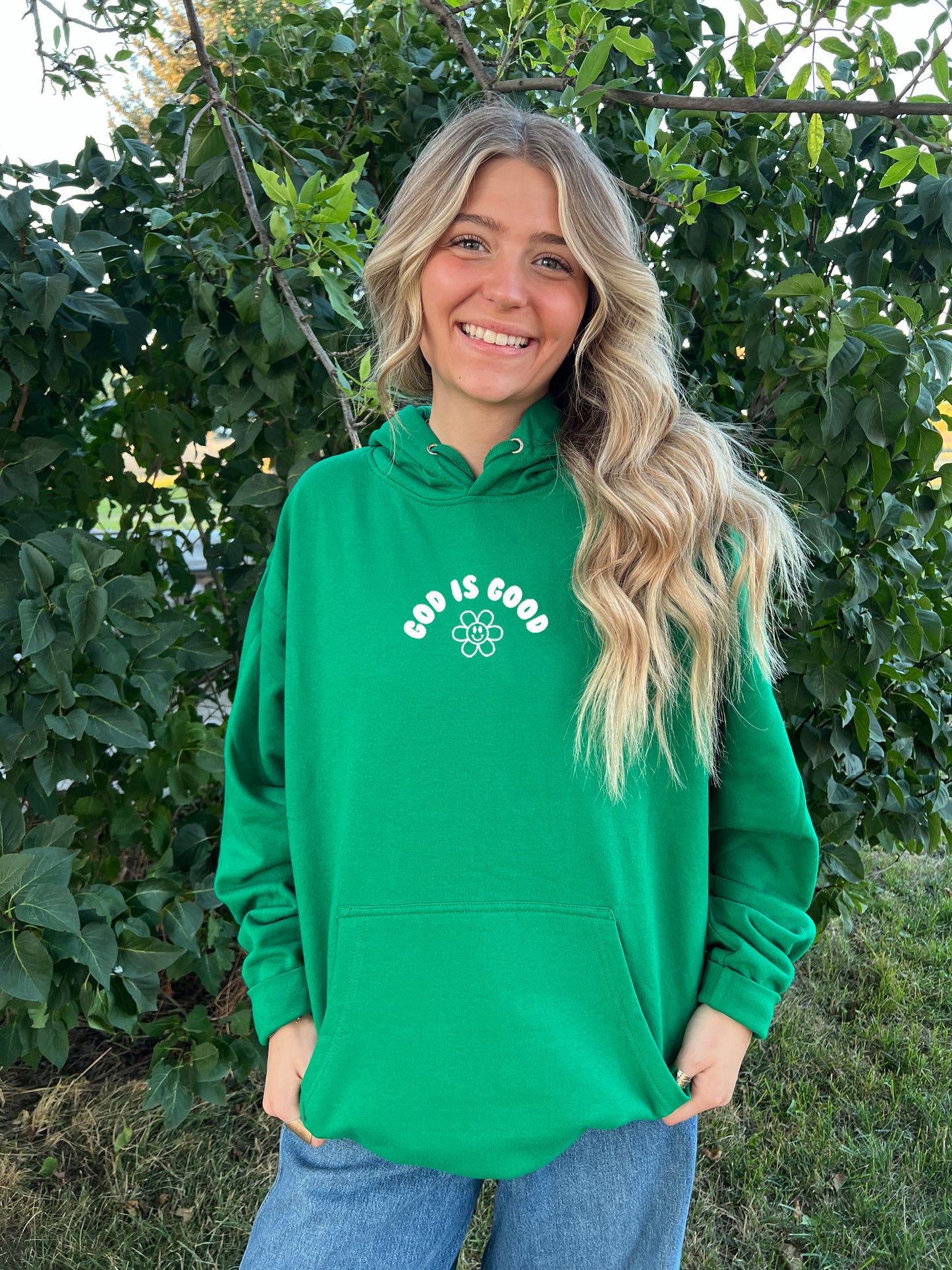 GOD IS GOOD FLOWER UNISEX HOODIE - SIZE LARGE KELLY GREEN