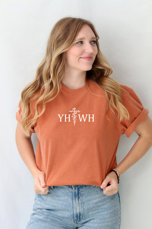 YAHWEH (YHWH) WITH A FLORAL CROSS UNISEX TEE - SIZE MEDIUM IN YAM