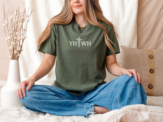 YAHWEH (YHWH) WITH FLORAL CROSS UNISEX TEE