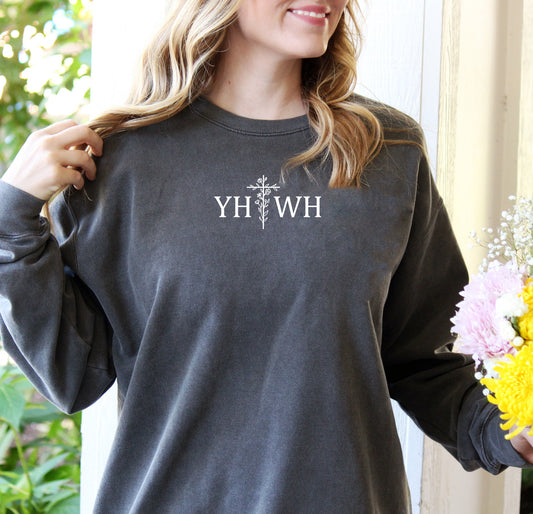 YAHWEH (YHWH) WITH A FLORAL CROSS UNISEX SWEATSHIRT