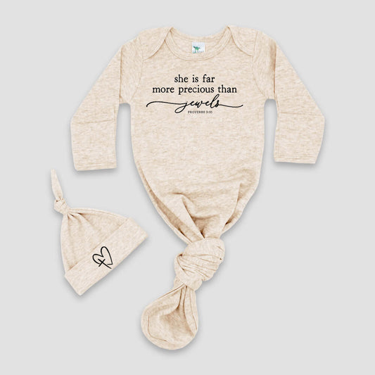 "SHE IS FAR MORE PRECIOUS THAN JEWELS" KNOTTED BABY GOWN AND HAT SET