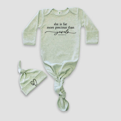 "SHE IS FAR MORE PRECIOUS THAN JEWELS" KNOTTED BABY GOWN AND HAT SET