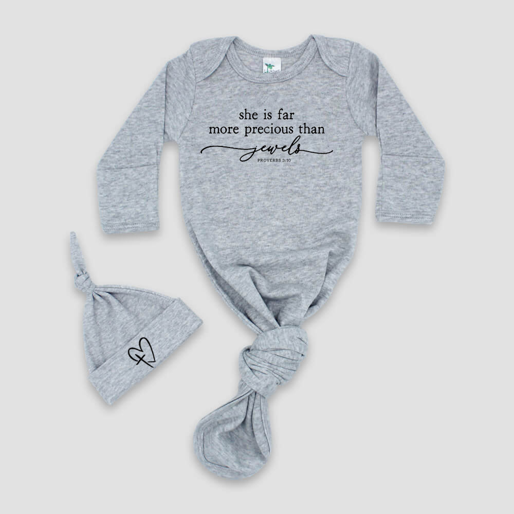 "SHE IS FAR MORE PRECIOUS THAN JEWELS" KNOTTED BABY GOWN AND HAT SET
