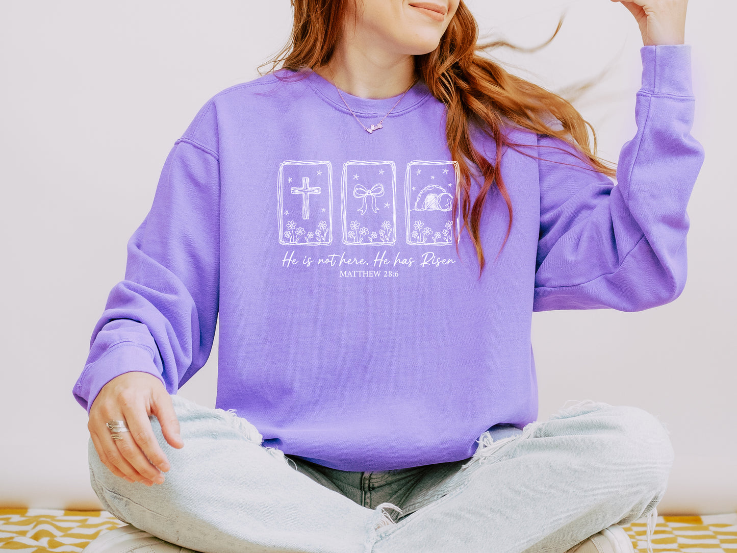 HE IS NOT HERE, HE IS RISEN (HAND-DRAWN) UNISEX SWEATSHIRT