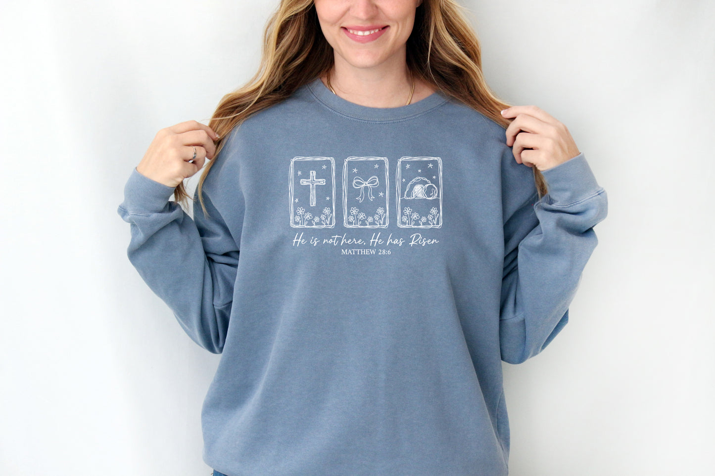 HE IS NOT HERE, HE IS RISEN (HAND-DRAWN) UNISEX SWEATSHIRT