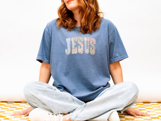 FAUX PATCHWORK JESUS UNISEX TEE  - BLUE JEAN IN SIZE XL
