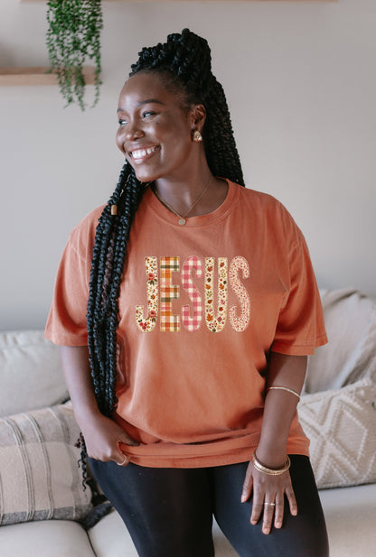 FAUX FALL PATCHWORK JESUS UNISEX TEE