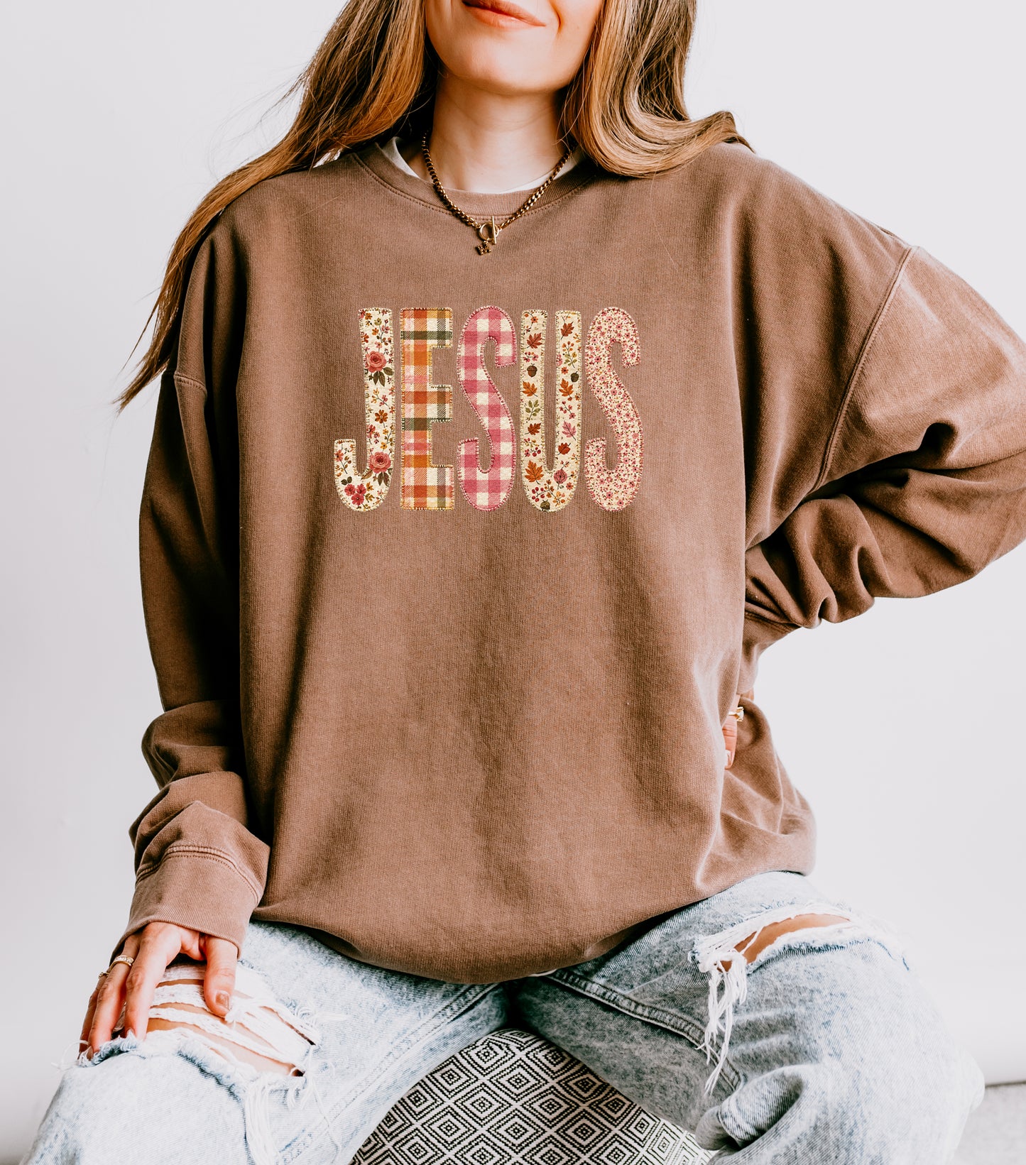 FAUX FALL PATCHWORK JESUS UNISEX SWEATSHIRT