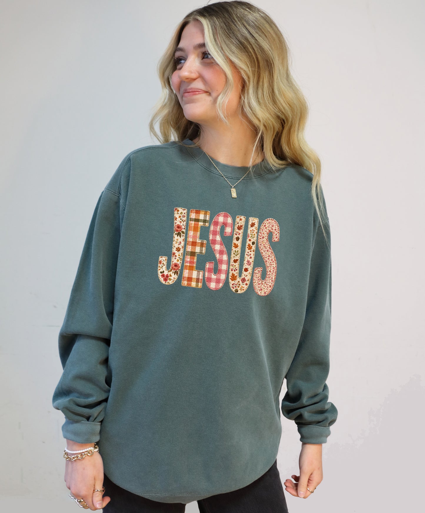 FAUX FALL PATCHWORK JESUS UNISEX SWEATSHIRT