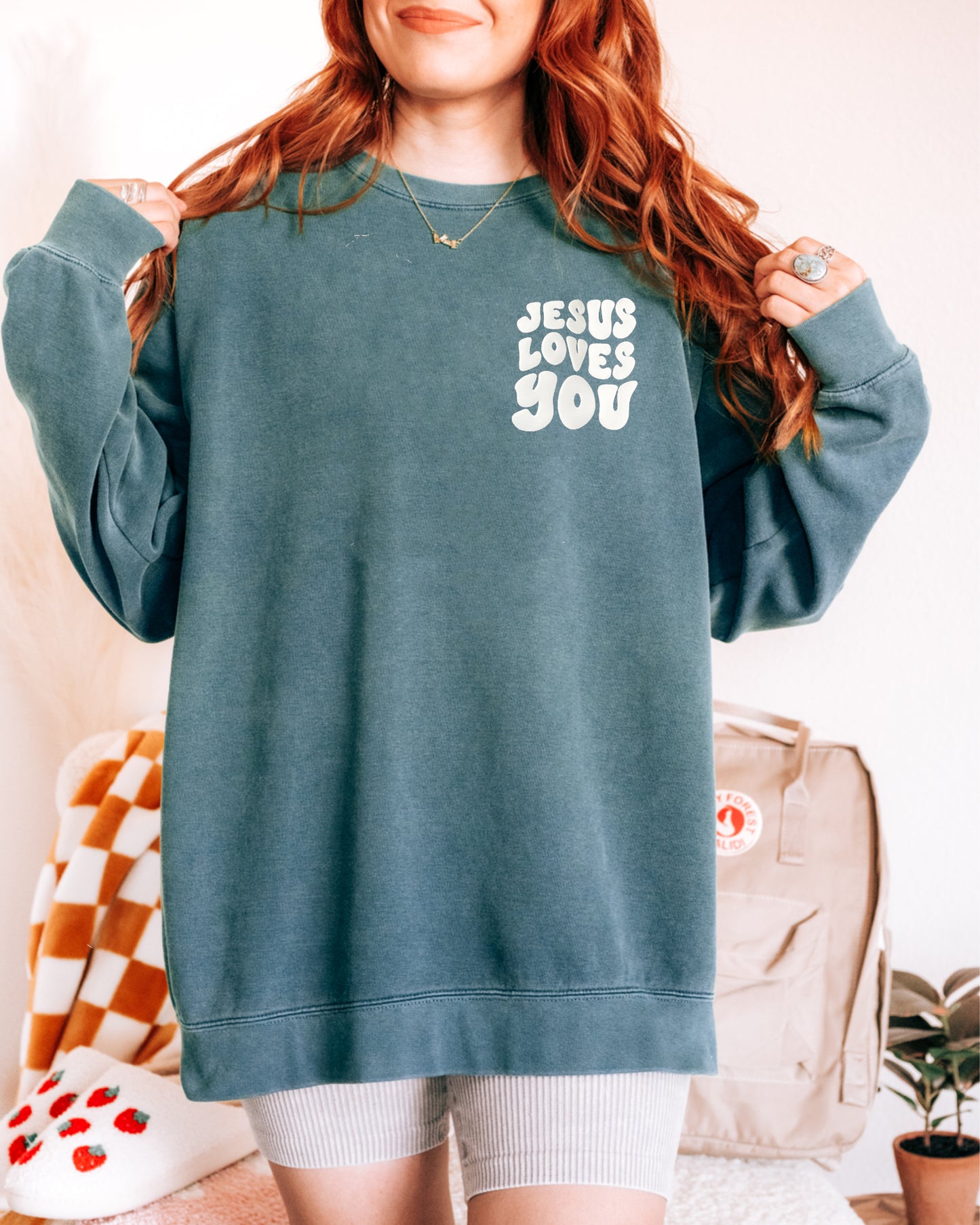 PUFFY JESUS LOVES YOU UNISEX SWEATSHIRT - SIZE SMALL IN BLUE SPRUCE