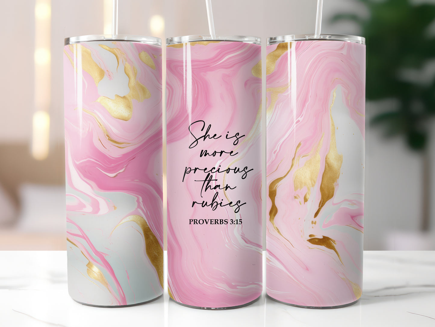 SHE IS MORE PRECIOUS THAN RUBIES 20 OZ. SKINNY STAINLESS STEEL TUMBLER