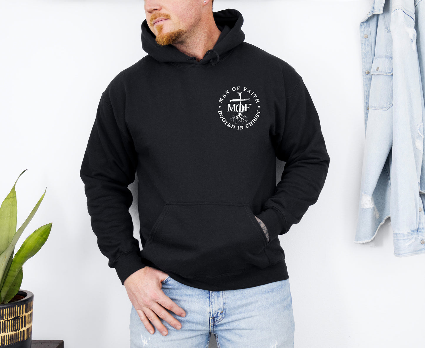 MAN OF FAITH ROOTED IN CHRIST UNISEX BLACK HOODIE