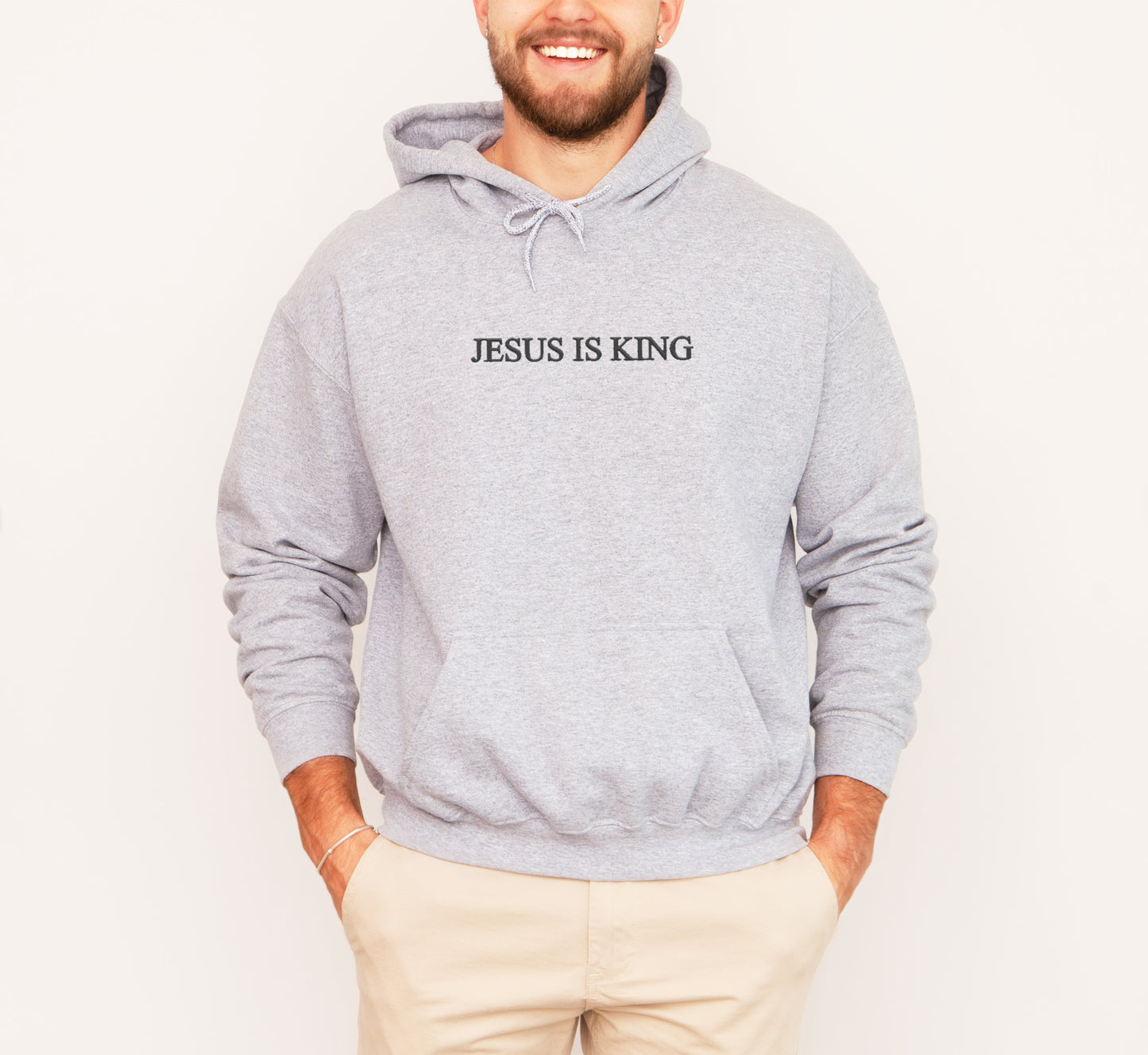 JESUS IS KING UNISEX HEATHER GREY HOODIE (PUFFED DESIGN)