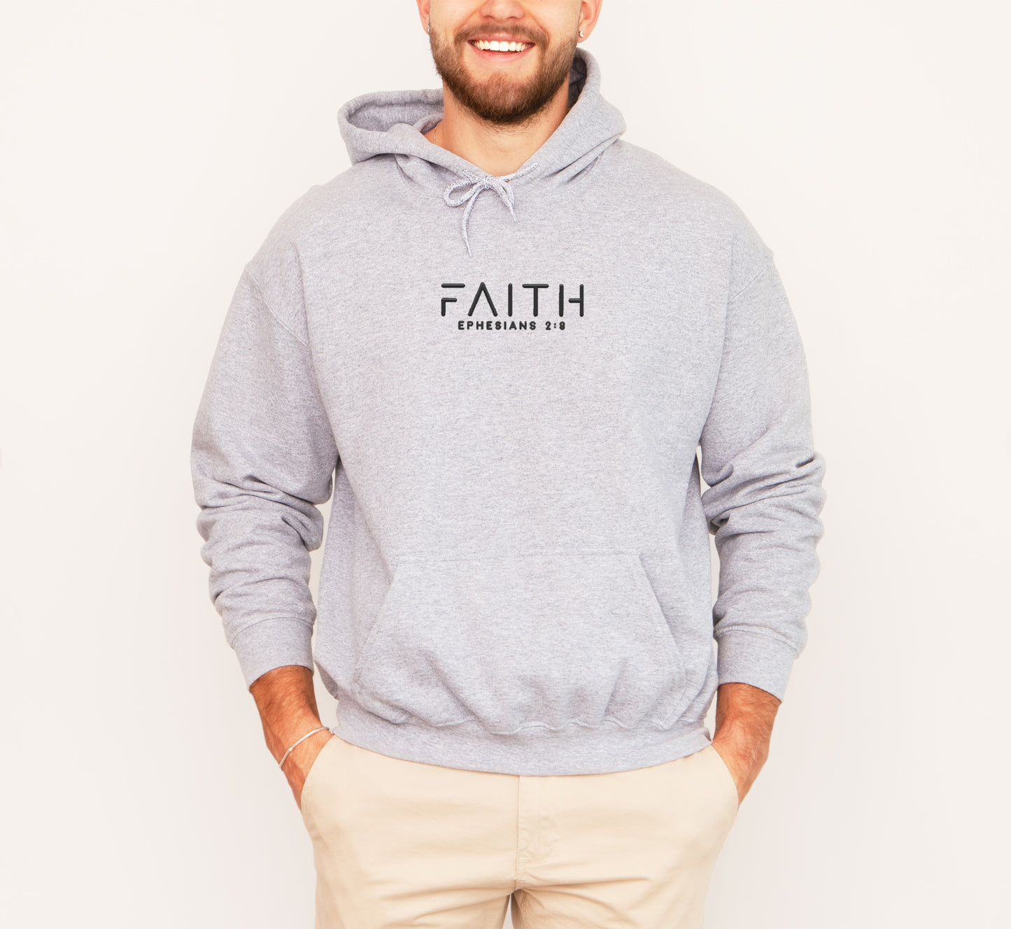 FAITH EPHESIANS 2:8 UNISEX HEATHER GREY HOODIE (PUFFED DESIGN)