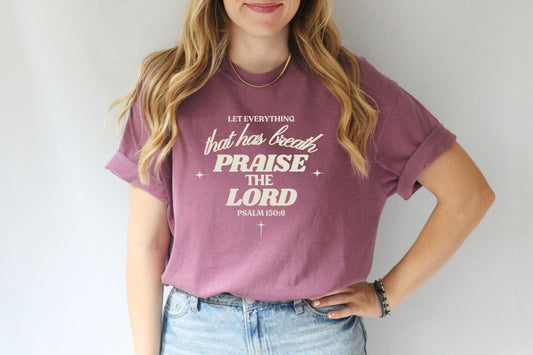 LET EVERYTHING THAT HAS BREATH UNISEX TEE - SIZE SMALL IN BERRY