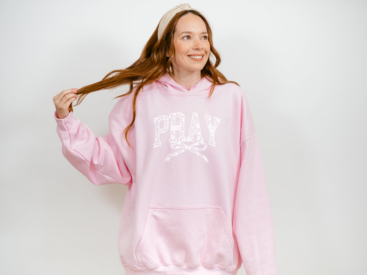 PRAY WITH BOW UNISEX SWEATSHIRT HOODIE - SIZE SMALL IN LIGHT PINK