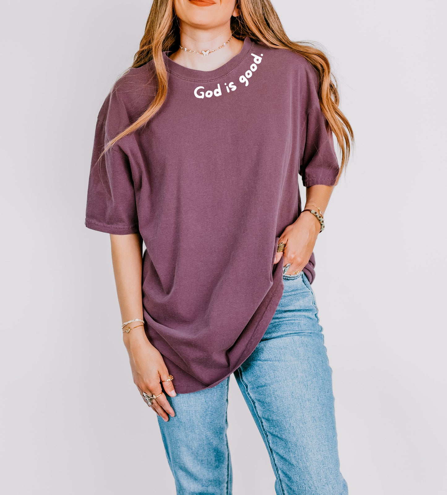 GOD IS GOOD AROUND THE NECK - IN BERRY SIZE MEDIUM