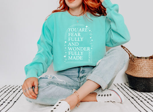 FEARFULLY AND WONDERFULLY MADE UNISEX SWEATSHIRT - SIZE SMALL, MINT