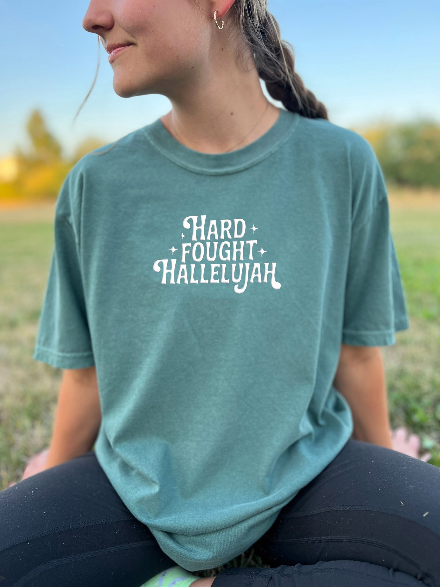PUFFY HARD FOUGHT HALLELUJAH UNISEX TEE - SIZE MEDIUM IN BLUE SPRUCE