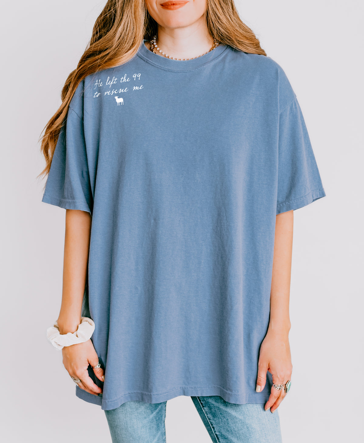 HE LEFT THE 99 TO RESCUE ME UNISEX TEE - SIZE MEDIUM IN BLUE JEAN