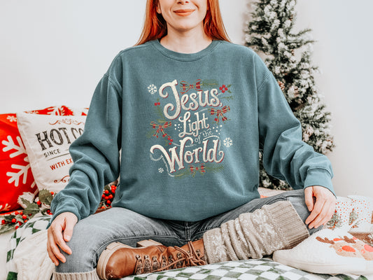 JESUS LIGHT OF THE WORLD UNISEX SWEATSHIRT - SIZE SMALL, BLUE SPRUCE