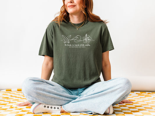 HE LEADS ME BESIDE STILL WATERS UNISEX TEE - SIZE SMALL IN MOSS