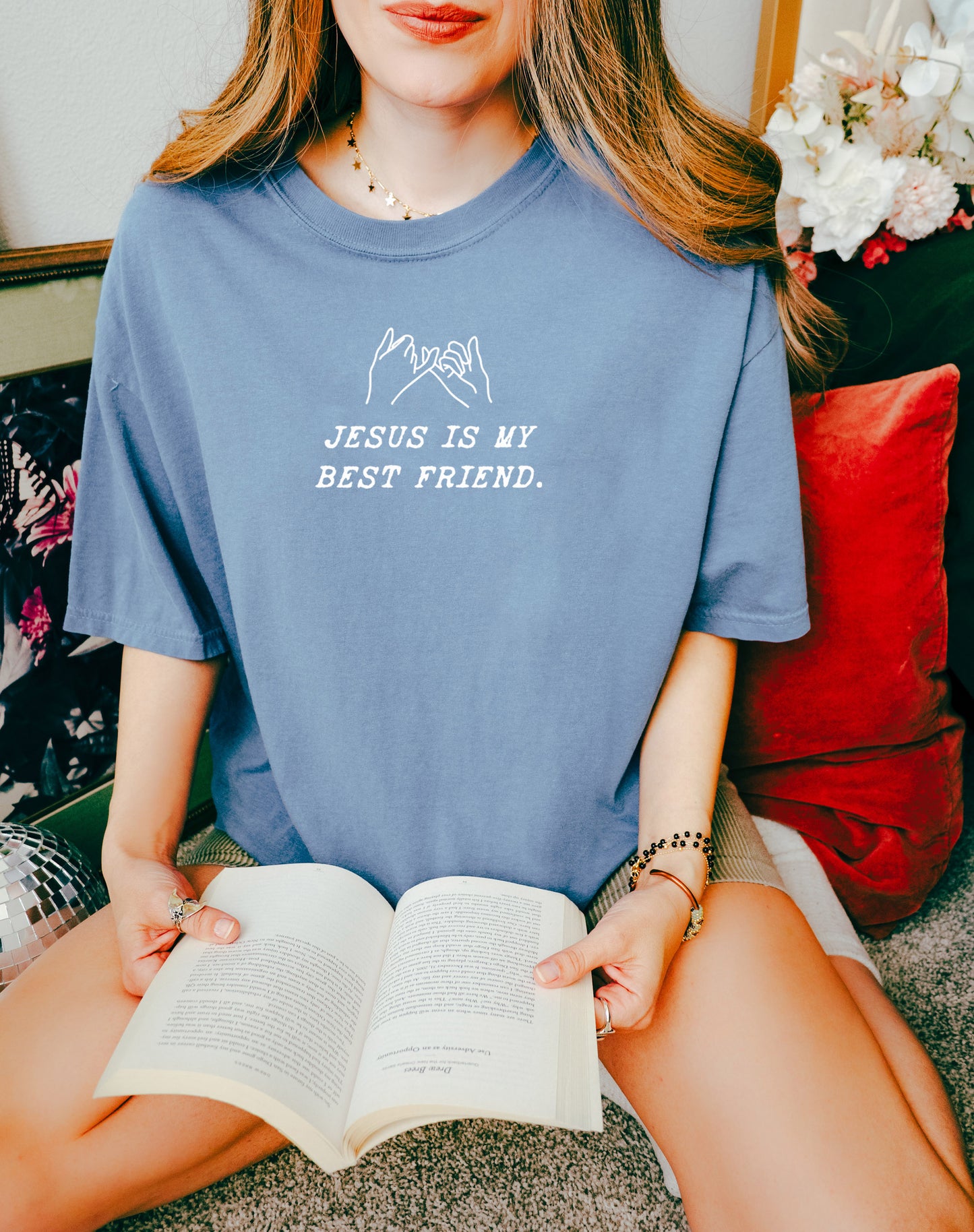 JESUS IS MY BEST FRIEND UNISEX TEE - SIZE LARGE IN BLUE JEAN