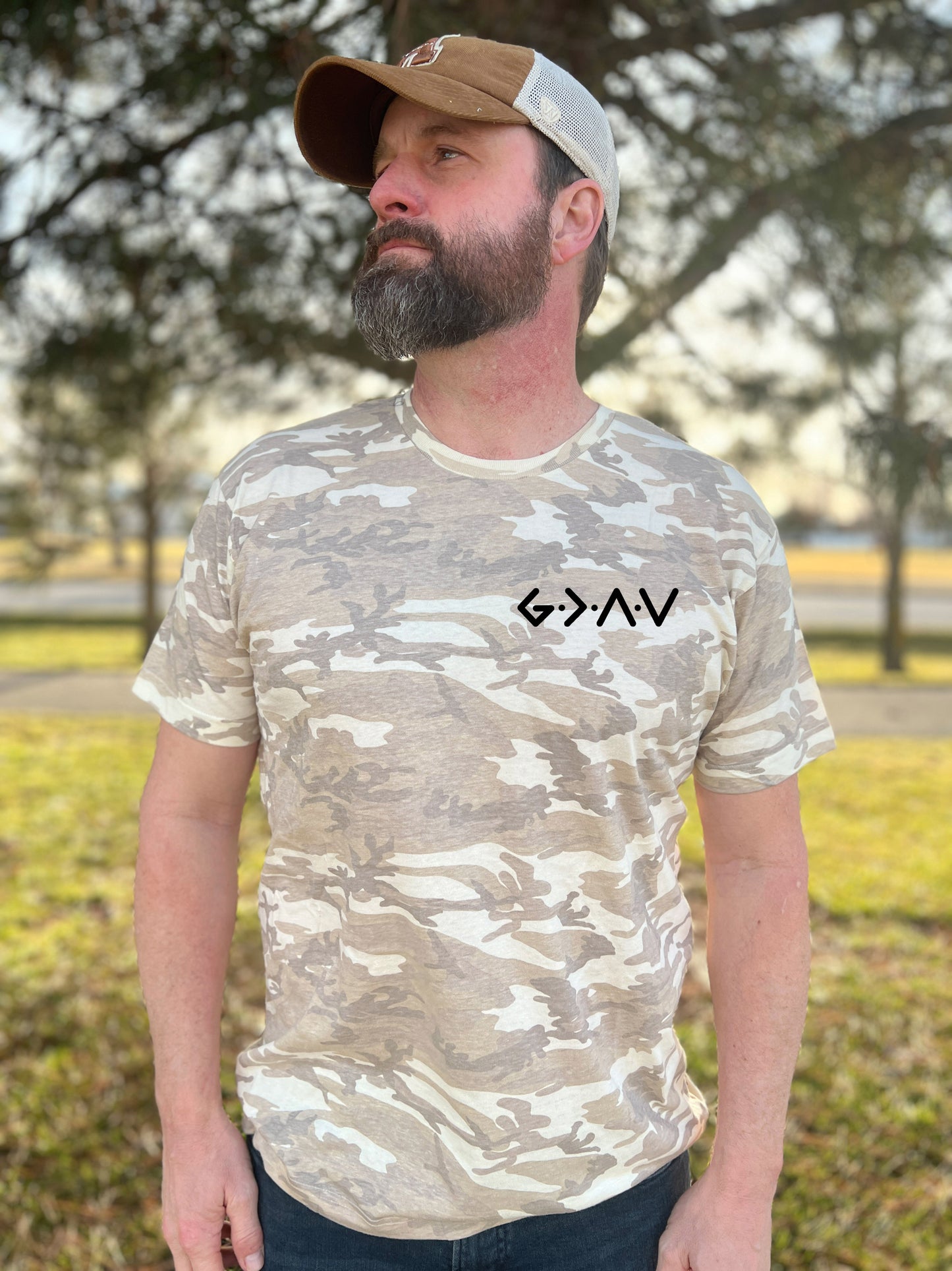 PUFFY GOD IS GREATER THAN OUR HIGHS AND LOWS UNISEX TEE IN NATURAL CAMO