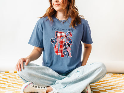 FAUX PATCHWORK AMERICA NEEDS JESUS UNISEX TEE